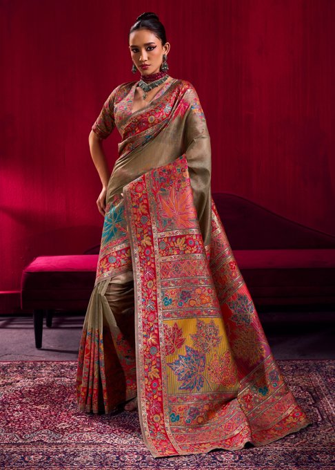 Grey Green Woven Cotton Kashmiri Jamewar Saree