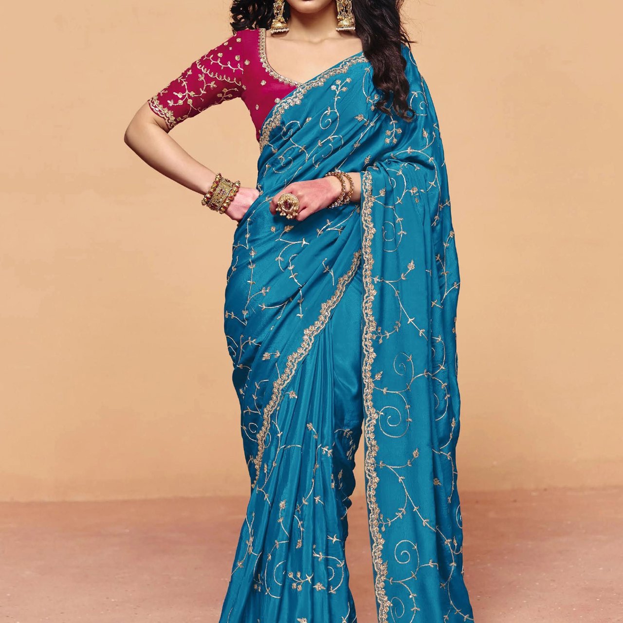 Heritage Blue Embroidered Designer Tissue Saree