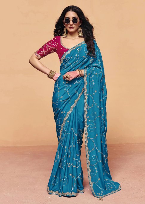 Heritage Blue Embroidered Designer Tissue Saree