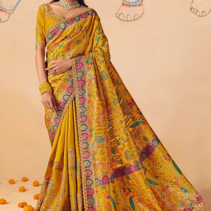 Honey Yellow Designer Embroidered Saree