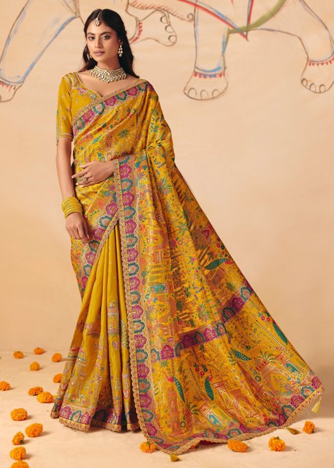 Honey Yellow Designer Embroidered Saree