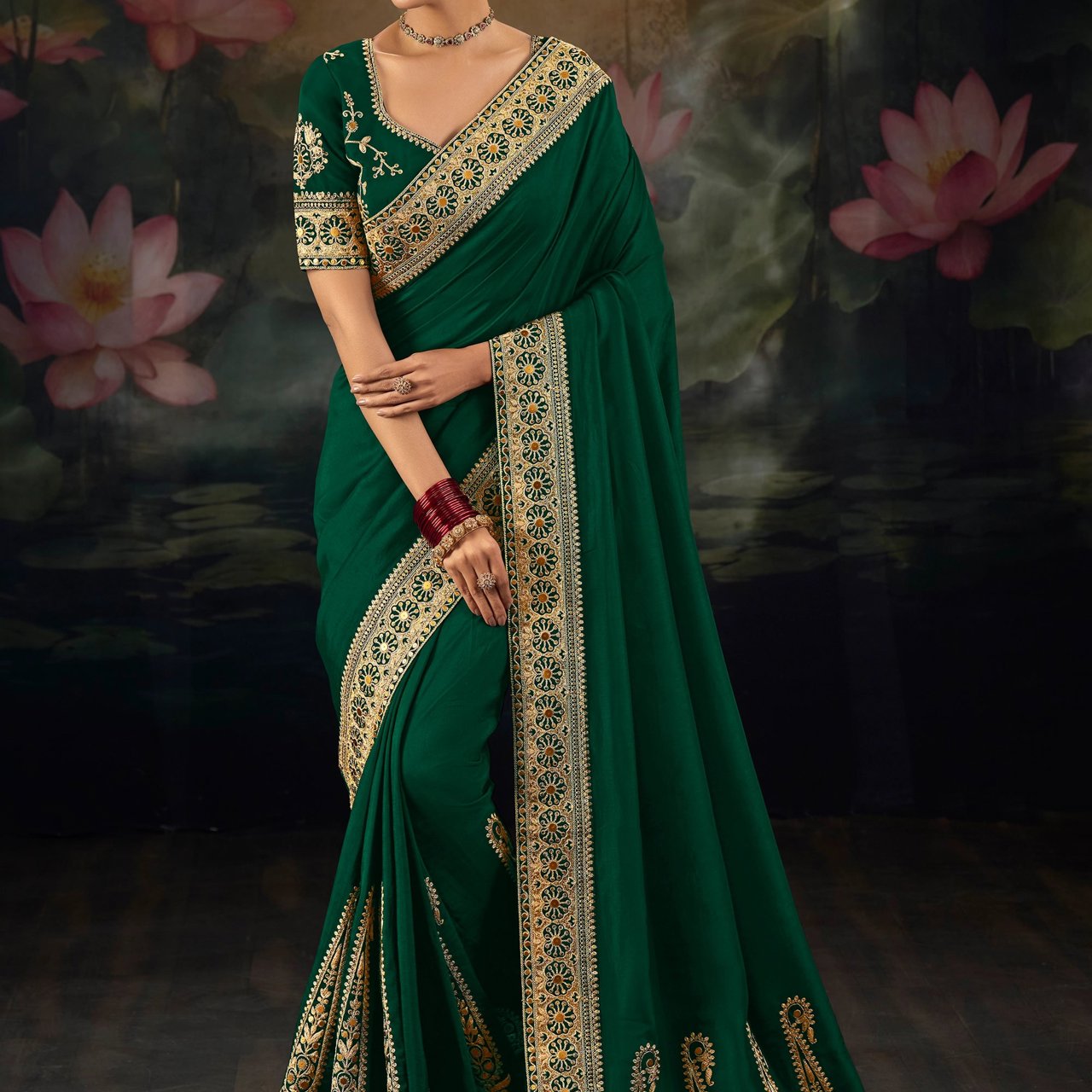Hunter Green Embroidered Designer Saree