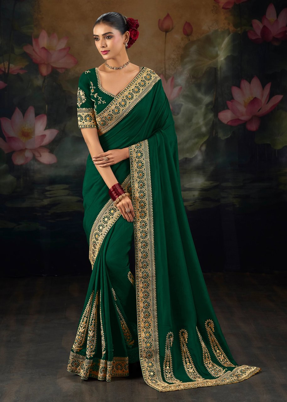 Hunter Green Embroidered Designer Saree