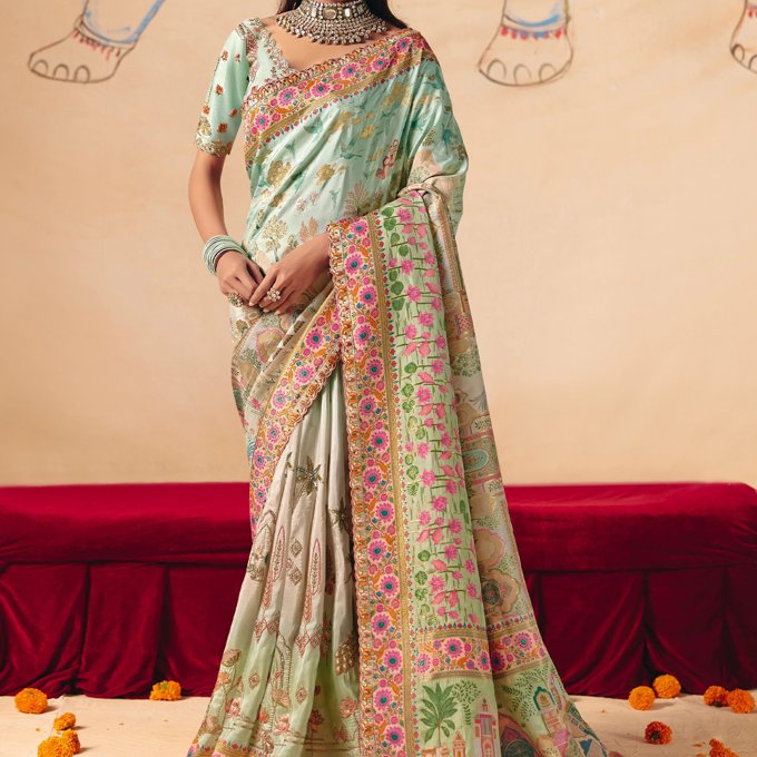 Ice Green Designer Embroidered Saree