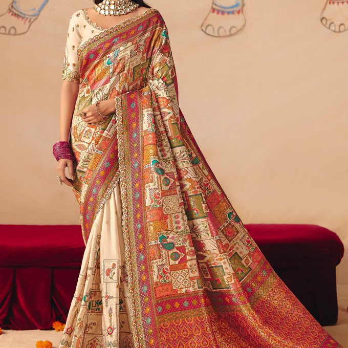 Ivory Designer Embroidered Saree