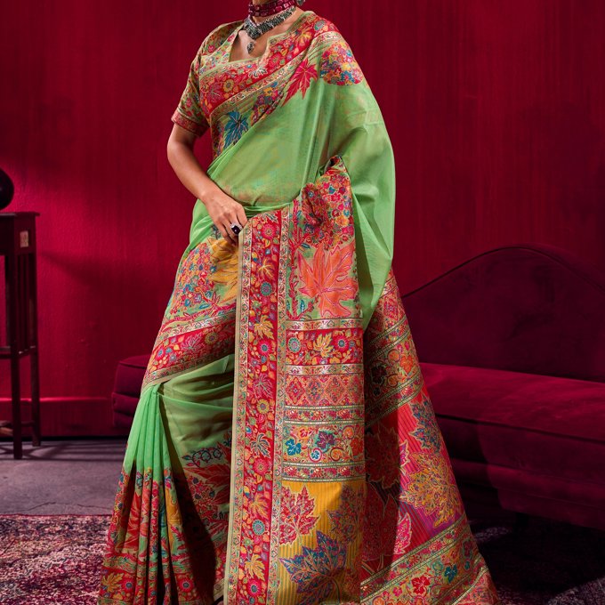 Jasmine Green Woven Cotton Kashmiri Jamewar Saree
