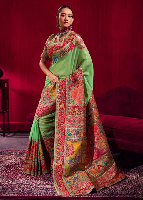 Jasmine Green Woven Cotton Kashmiri Jamewar Saree