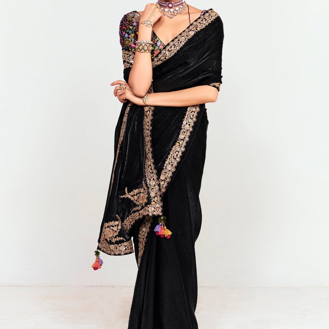Jet Black Designer Embroidered Tissue Saree