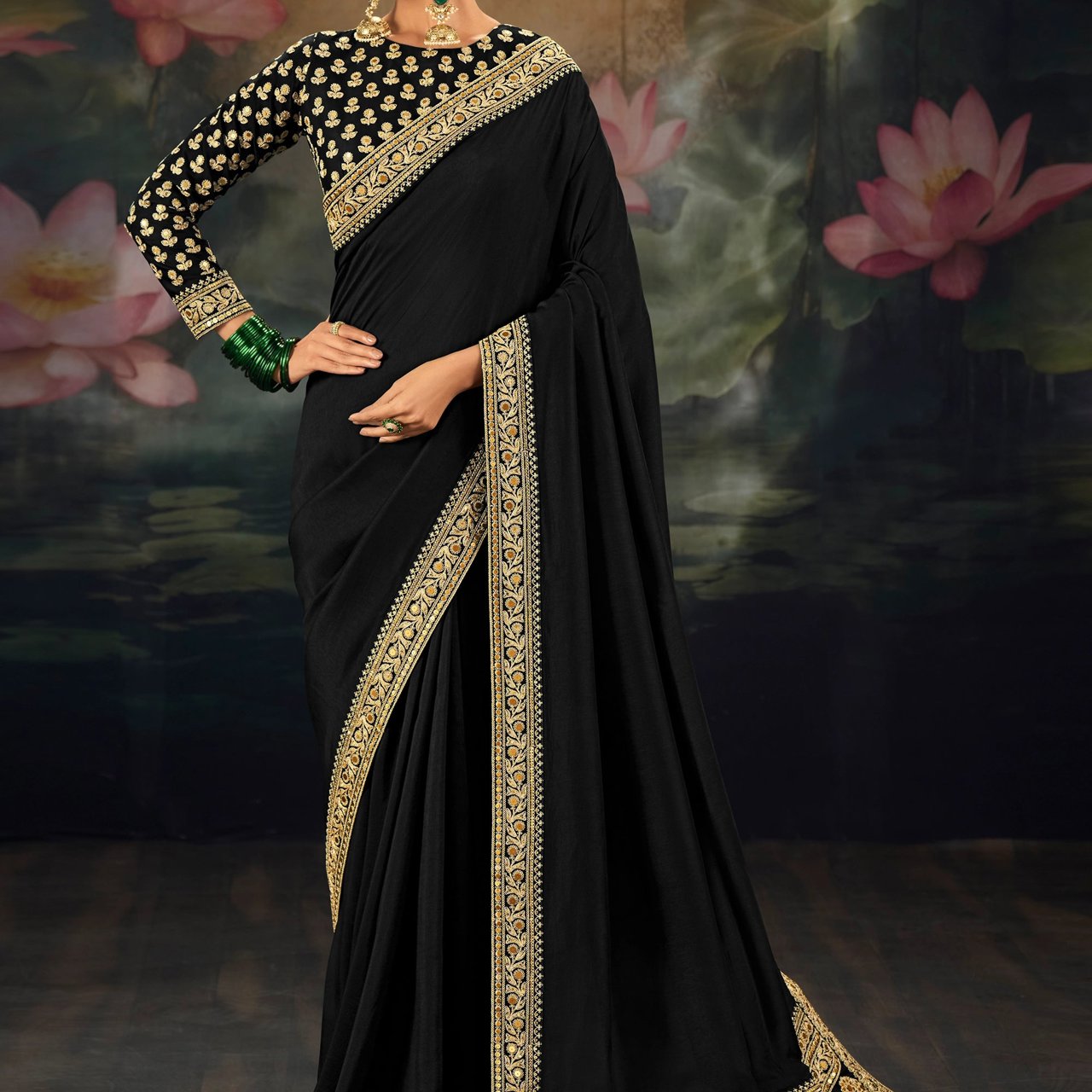 Jet Black Embroidered Designer Saree