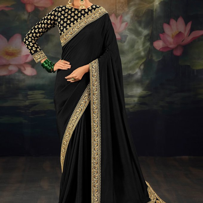 Jet Black Embroidered Designer Saree