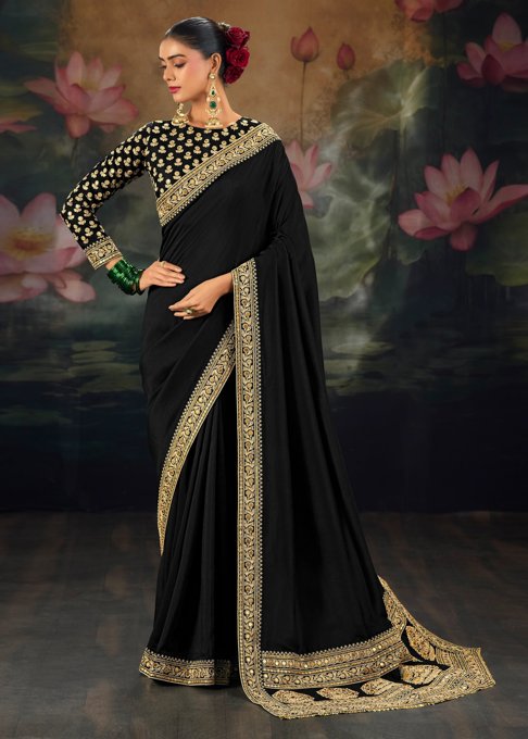 Jet Black Embroidered Designer Saree
