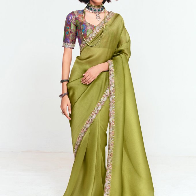 Kiwi Green Designer Embroidered Tissue Saree