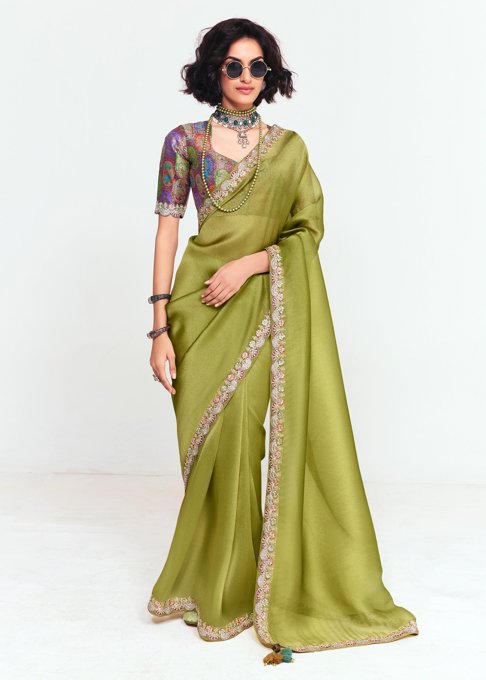 Kiwi Green Designer Embroidered Tissue Saree