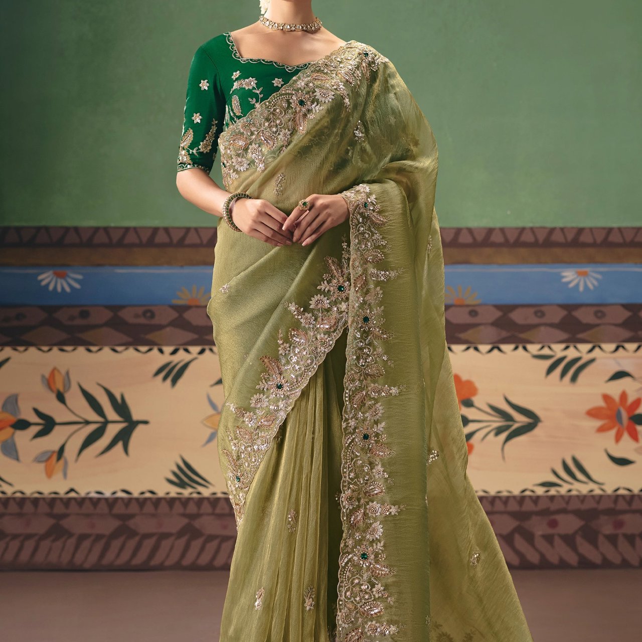 Kiwi Green Embroidered Designer Saree