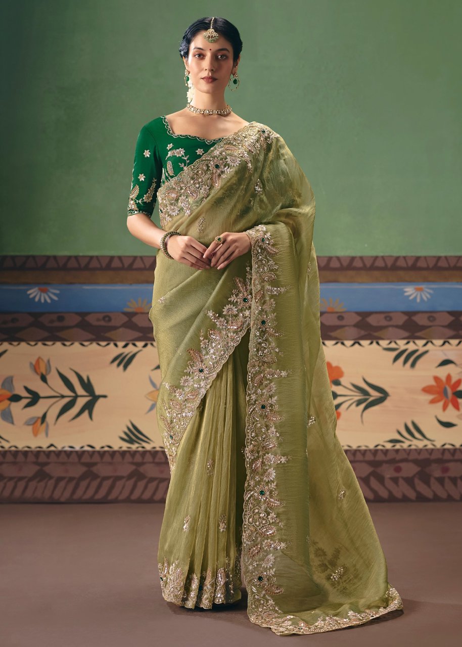 Kiwi Green Embroidered Designer Saree