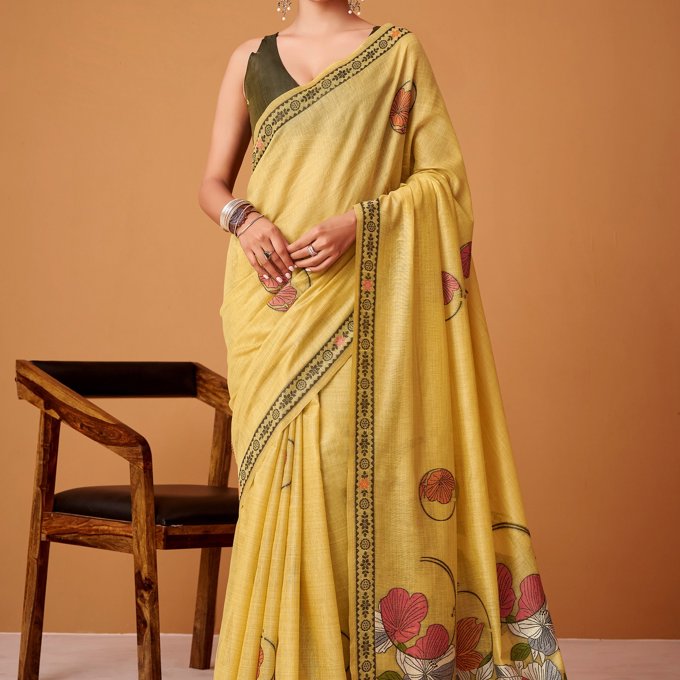 Lemon Yellow Woven Cotton Saree