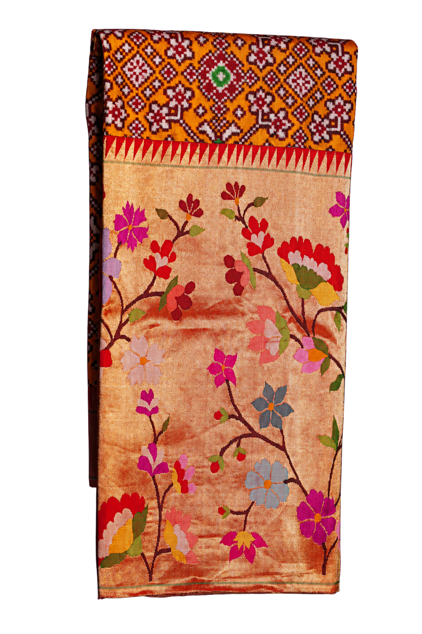 Fusion Patan Patola Silk Orange Saree with Paithani Big Border