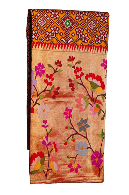 Fusion Patan Patola Silk Orange Saree with Paithani Big Border