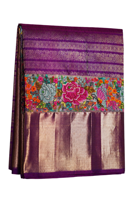 Fusion Kanchipuram Silk Purple Saree with Petit Point Work Border