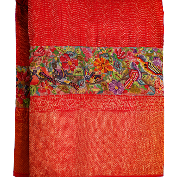 Fusion Kanchipuram Silk Red Saree with Petit Point Work Border