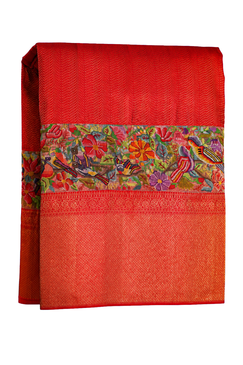 Fusion Kanchipuram Silk Red Saree with Petit Point Work Border
