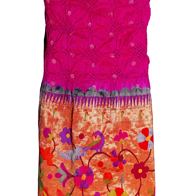 Bandhani Silk Pink Saree with Paithani Big Border