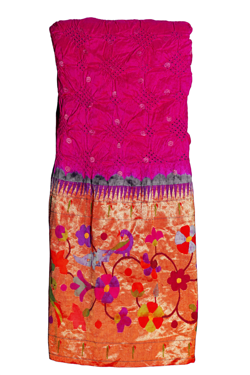 Bandhani Silk Pink Saree with Paithani Big Border