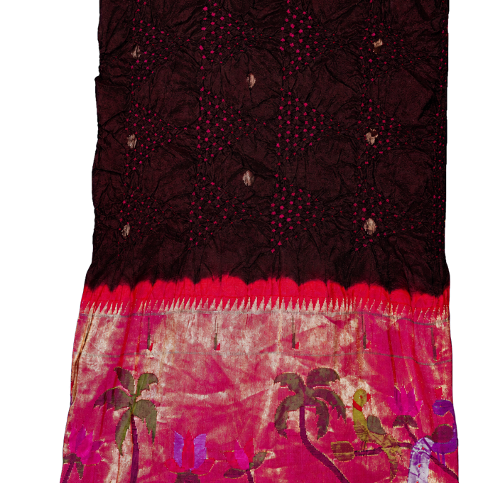 Bandhani Silk Dark Brown Saree with Bandhani Dots Body and Paithani Border