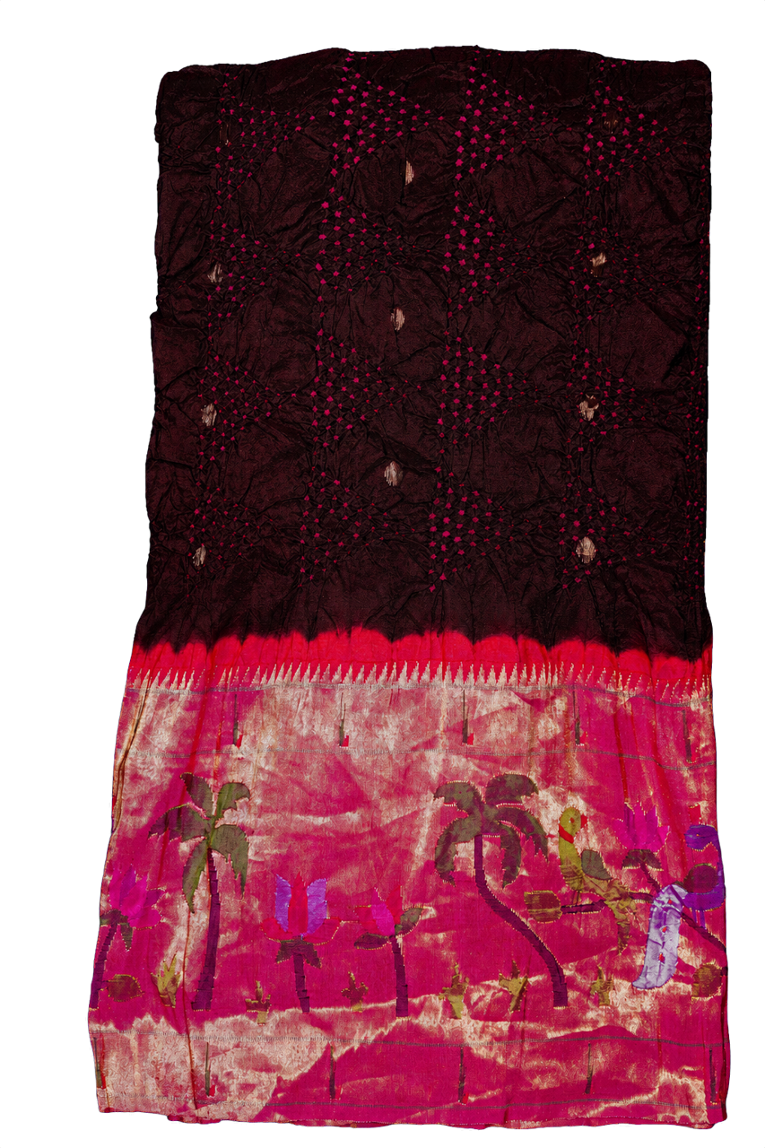 Bandhani Silk Dark Brown Saree with Bandhani Dots Body and Paithani Border