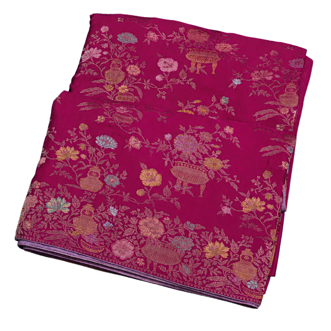 Banarasi Silk Jamdani Weaving Dark Pink Saree with Florals and Leaves Body and Self Florals and Leaves Border