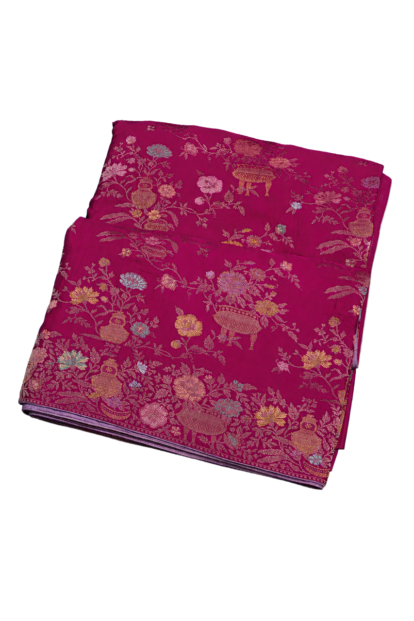 Banarasi Silk Jamdani Weaving Dark Pink Saree with Florals and Leaves Body and Self Florals and Leaves Border