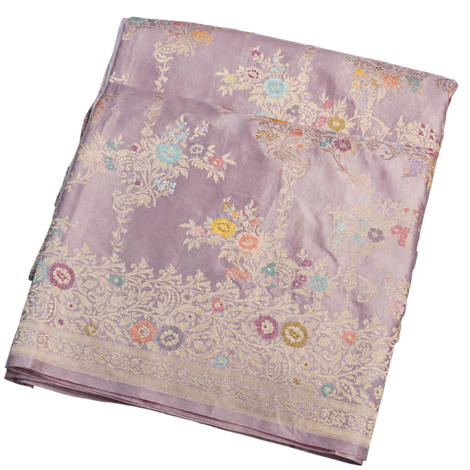 Banarasi Silk Light Lavender Saree with Florals with Leaves Jaal Body and Self Florals and Leaves Jaal Border