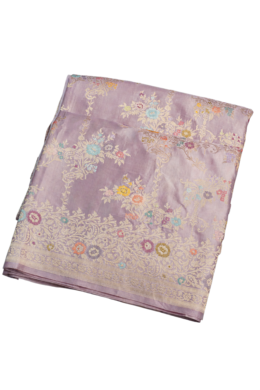 Banarasi Silk Light Lavender Saree with Florals with Leaves Jaal Body and Self Florals and Leaves Jaal Border