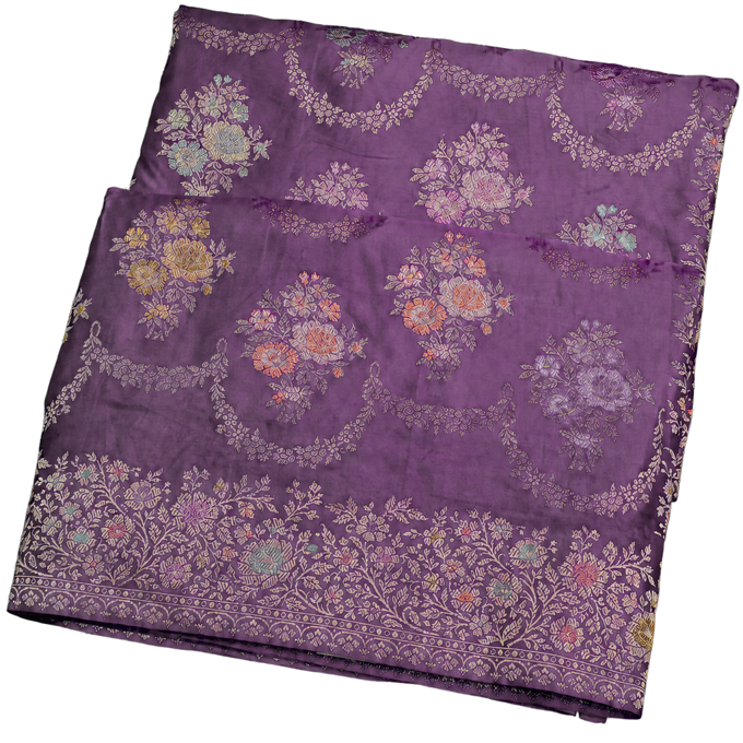 Banarasi Silk Purple Saree with Florals and Leaves in Zari Body and Self Design Florals and Leaves Jaal Border
