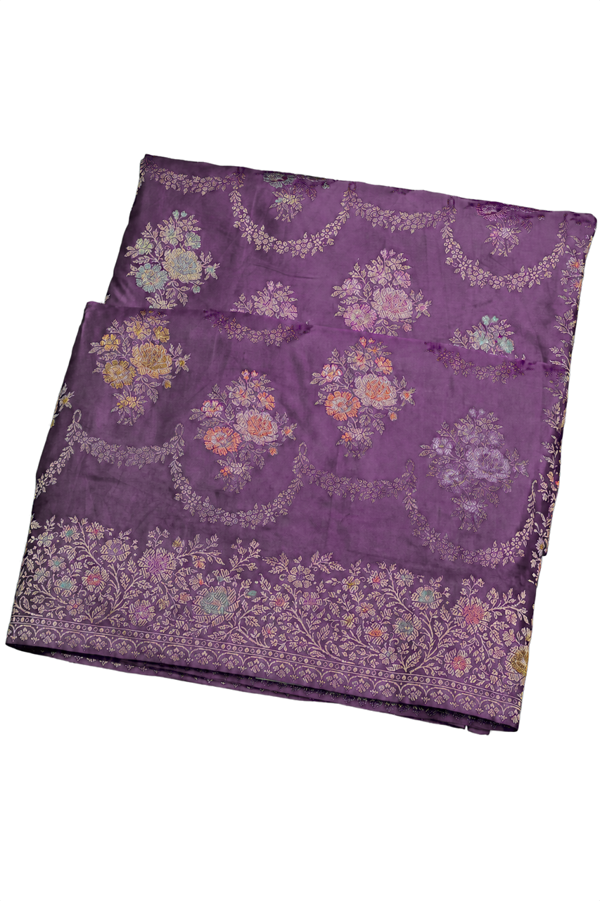 Banarasi Silk Purple Saree with Florals and Leaves in Zari Body and Self Design Florals and Leaves Jaal Border