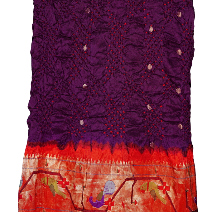 Bandhani Silk Dark Violet Saree with Bandhani Dots Body and Paithani Border