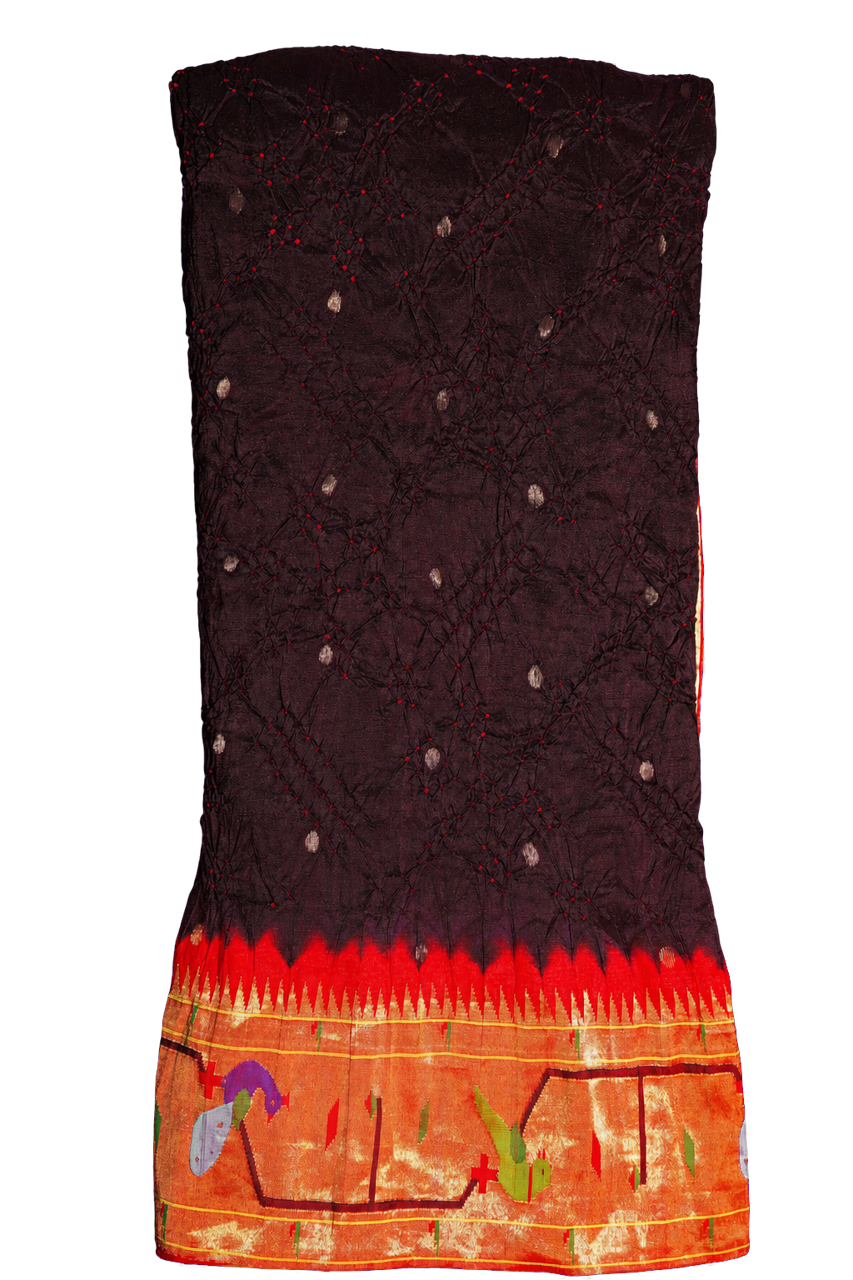 Bandhani Silk Brown Saree with Paithani Akruti Border