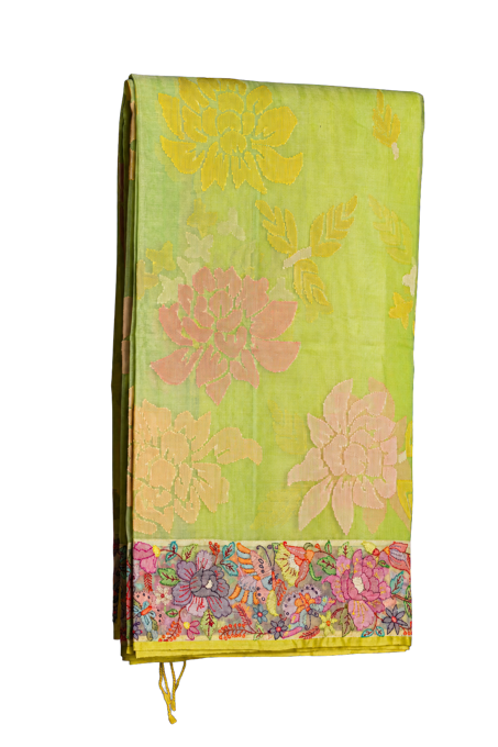 Fusion Banarasi Organza Green Saree All Over Floral Weaving with Petit Point Work Border