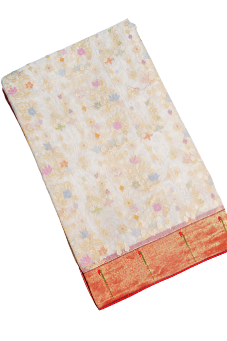 Fusion Silk Off White Jamdani Weaving Saree with Muniya Buttis in Zari Border