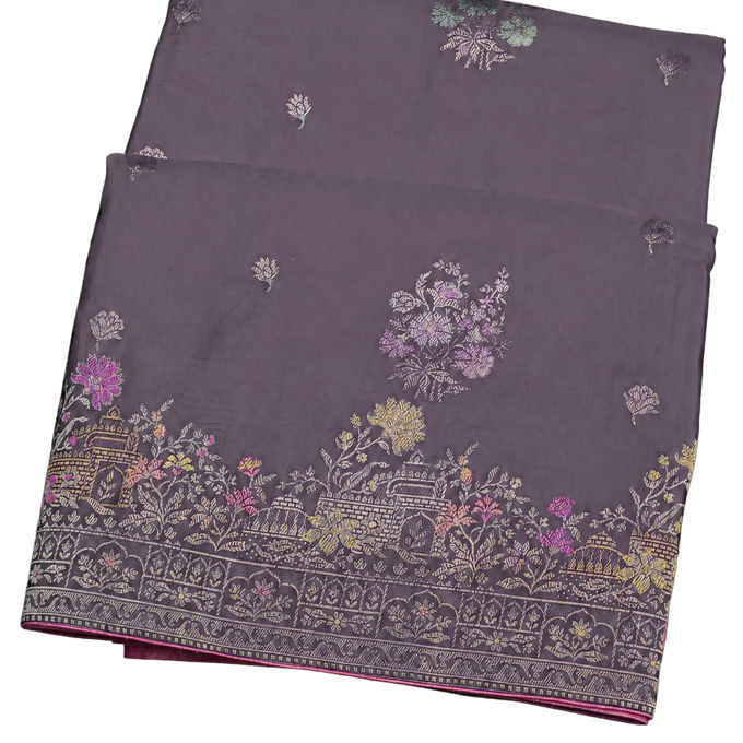 Banarasi Silk Royal Blue Saree with Florals Body Self Florals and Leaves Border