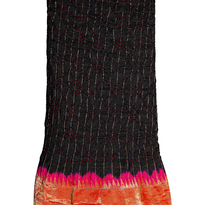 Bandhani Silk Black Saree with Paithani Triple Muniya Border
