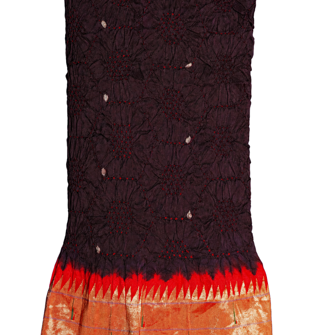 Bandhani Silk Dark Wine Saree with Paithani Triple Muniya Border