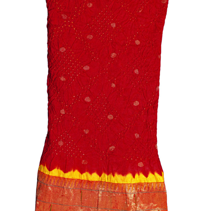 Bandhani Silk Red Saree with Paithani Triple Muniya Border