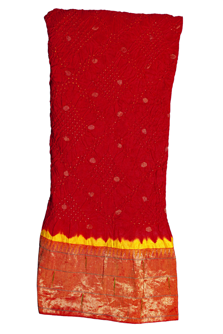 Bandhani Silk Red Saree with Paithani Triple Muniya Border