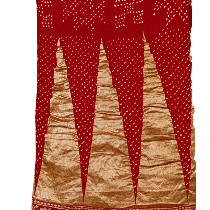 Bandhani Silk Red Saree with Florals and Leaves in Bandhani Body