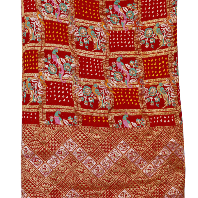 Bandhani Kaddi Georgette Red Saree with All Over Floral Jaal