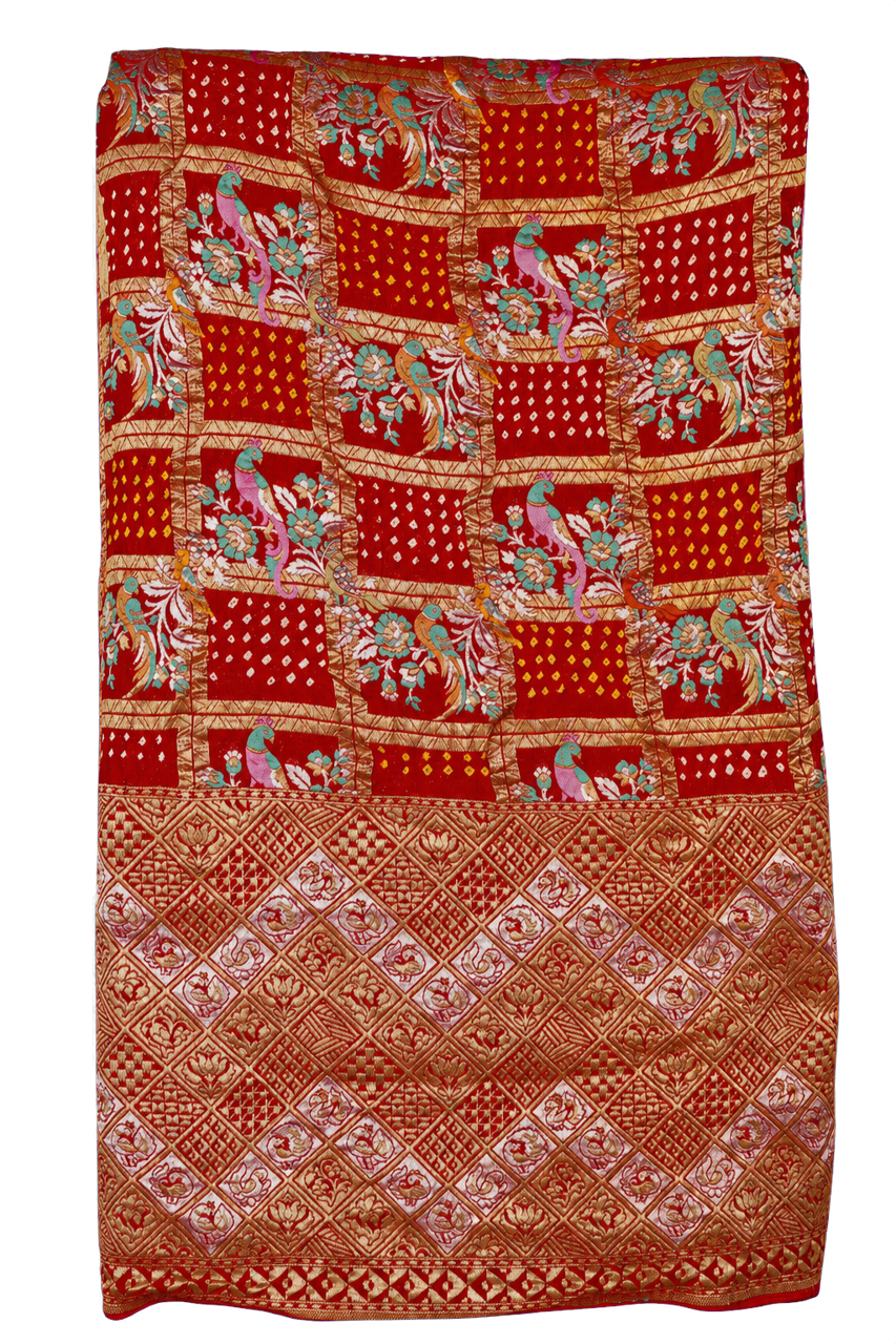 Bandhani Kaddi Georgette Red Saree with All Over Floral Jaal