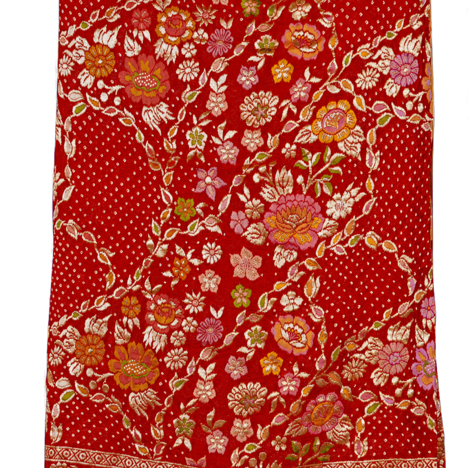 Bandhani Kaddi Georgette Red Saree with All Over Florals in Jaal