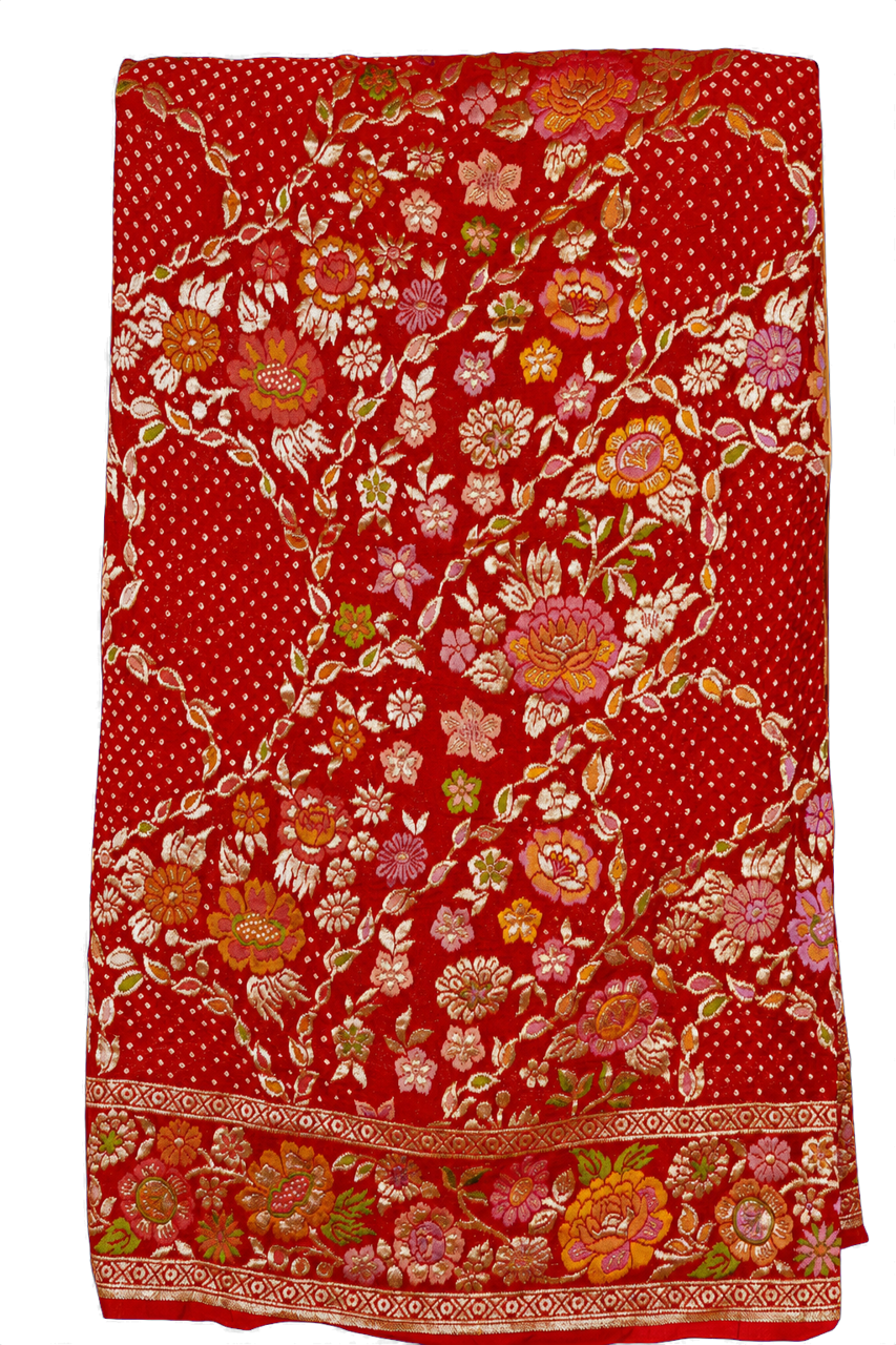 Bandhani Kaddi Georgette Red Saree with All Over Florals in Jaal