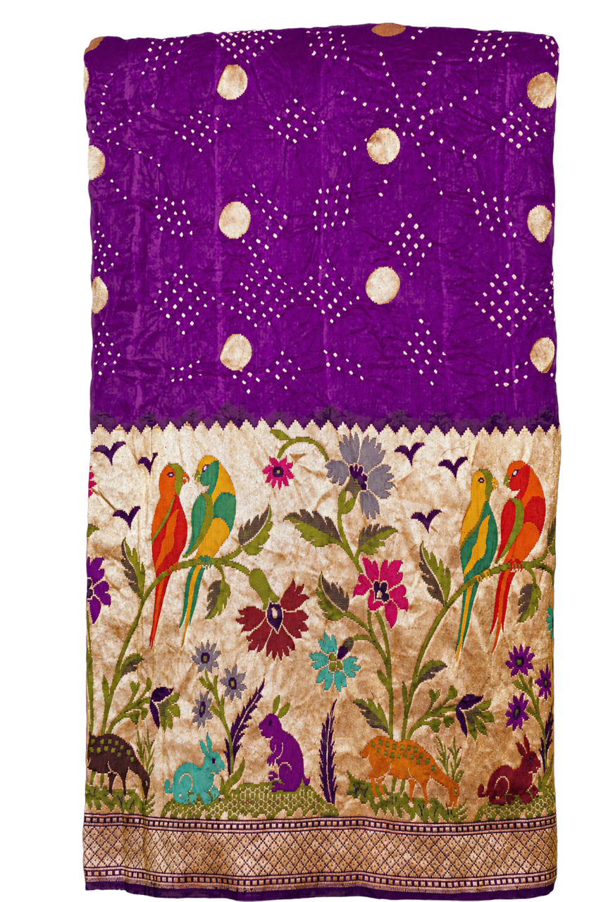 Bandhani Silk Dark Purple Saree with Paithani Border